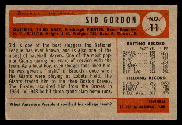 1954 Bowman Baseball #011 Sid Gordon Pirates EX-MT 557388