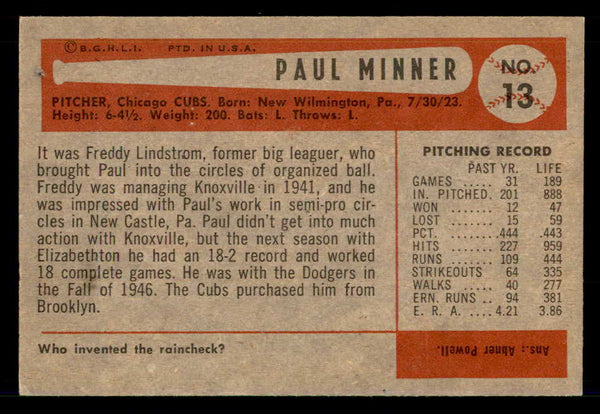 1954 Bowman Baseball #013 Paul Minner Cubs EX-MT 557390