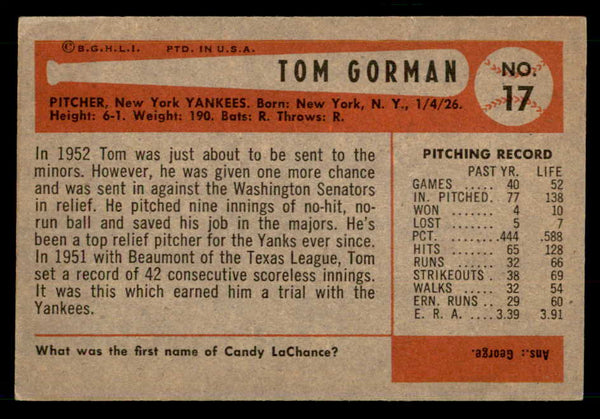 1954 Bowman Baseball #017 Tom Gorman Yankees EX-MT 557393