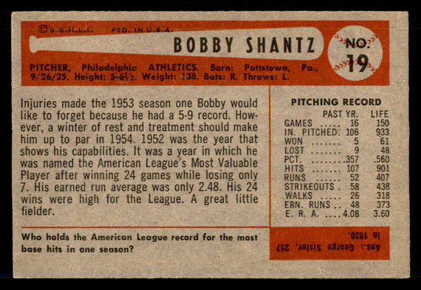 1954 Bowman Baseball #019 Bobby Shantz A's EX-MT 557395
