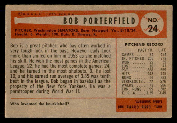 1954 Bowman Baseball #024 Bob Porterfield Senators EX 557399