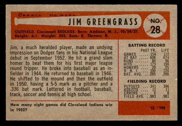 1954 Bowman Baseball #028 Jim Greengrass Reds EX-MT 557401