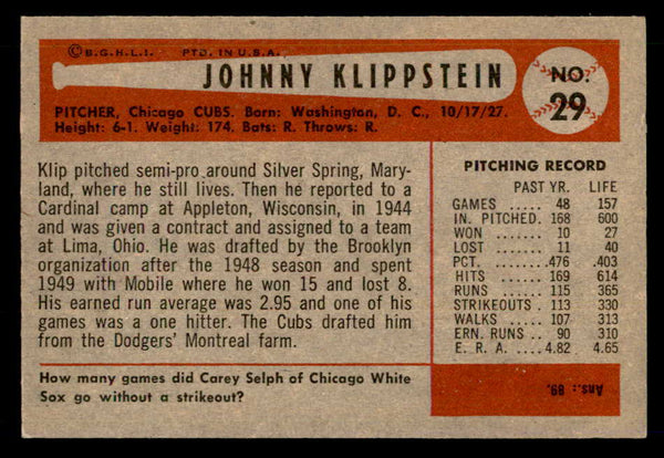 1954 Bowman Baseball #029 Johnny Klippstein Cubs EX-MT 557402