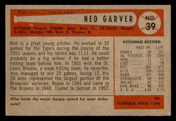 1954 Bowman Baseball #039 Ned Garver Tigers EX-MT 557408