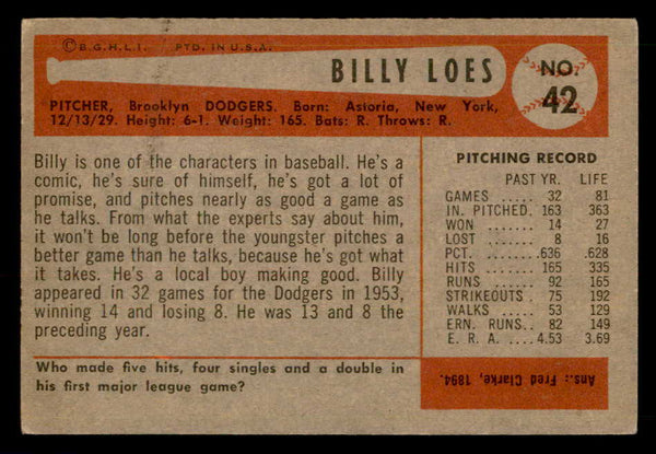 1954 Bowman Baseball #042 Billy Loes Dodgers EX 557411
