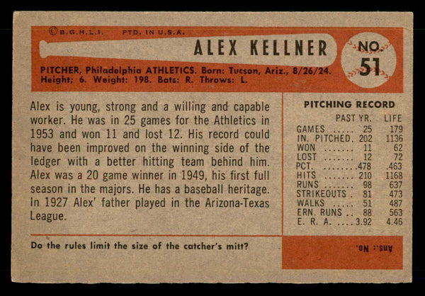 1954 Bowman Baseball #051 Alex Kellner A's EX-MT 557416