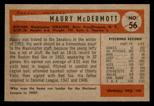 1954 Bowman Baseball #056 Maury McDermott Senators EX-MT 557420