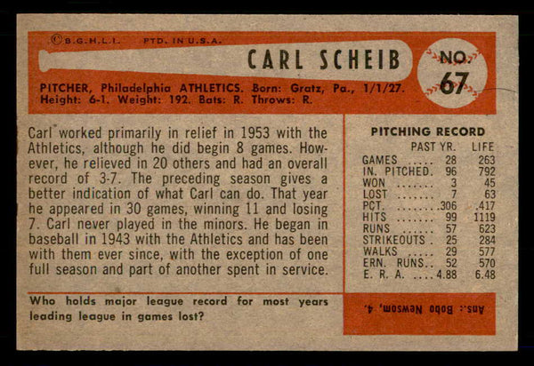 1954 Bowman Baseball #067 Carl Scheib A's EX-MT 557425