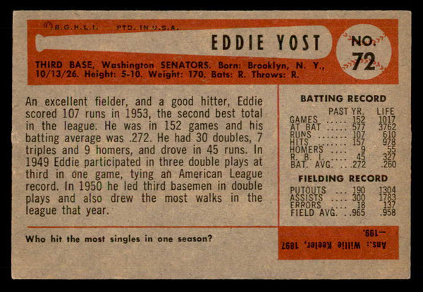 1954 Bowman Baseball #072 Eddie Yost Senators EX-MT 557429