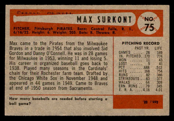 1954 Bowman Baseball #075 Max Surkont Pirates EX 557431