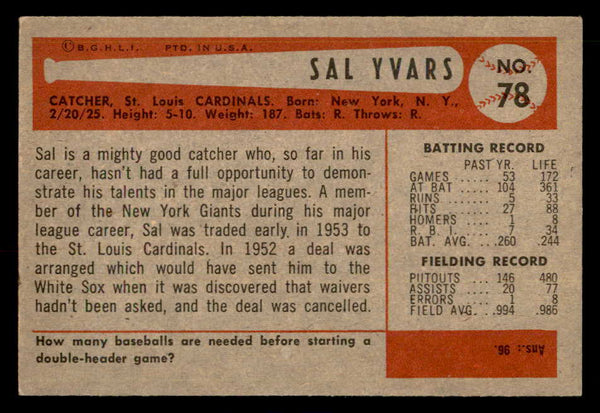 1954 Bowman Baseball #078 Sal Yvars Cardinals EX-MT 557433