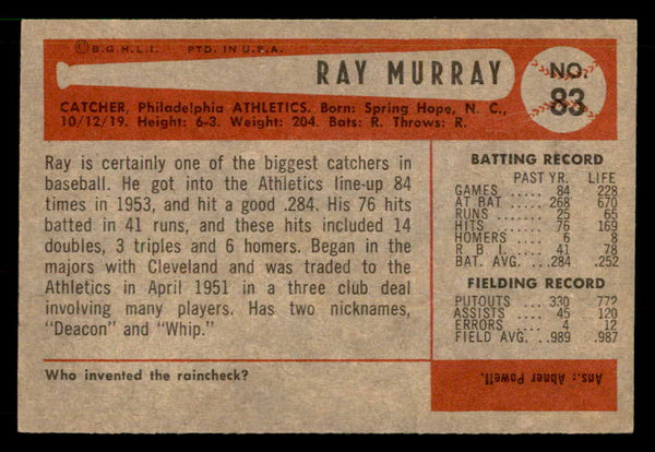 1954 Bowman Baseball #083 Ray Murray A's EX-MT 557437