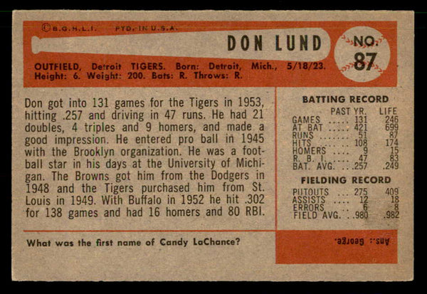 1954 Bowman Baseball #087 Don Lund Tigers EX-MT 557439