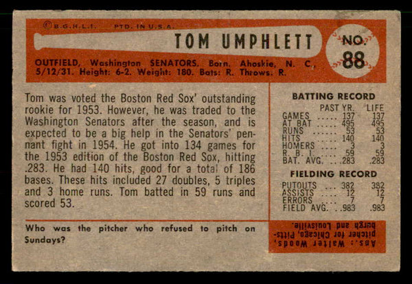 1954 Bowman Baseball #088 Tom Umphlett Senators EX 557440