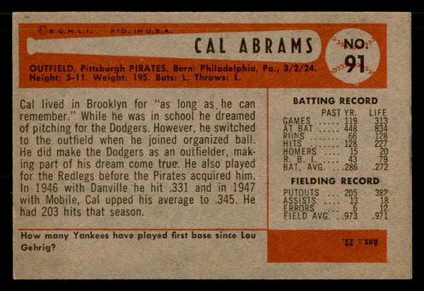 1954 Bowman Baseball #091 Cal Abrams Pirates EX-MT 557441