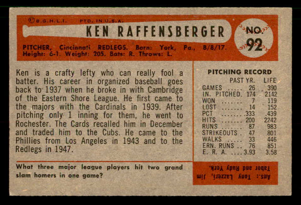1954 Bowman Baseball #092 Ken Raffensberger Reds EX-MT 557442