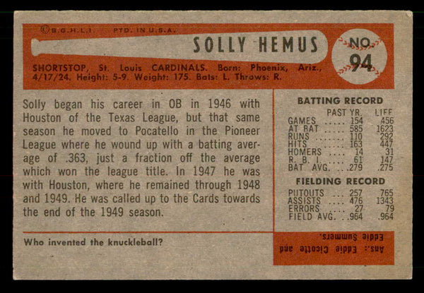 1954 Bowman Baseball #094 Solly Hemus Cardinals EX-MT 557443