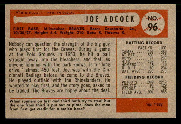 1954 Bowman Baseball #096 Joe Adcock Braves EX-MT 557444