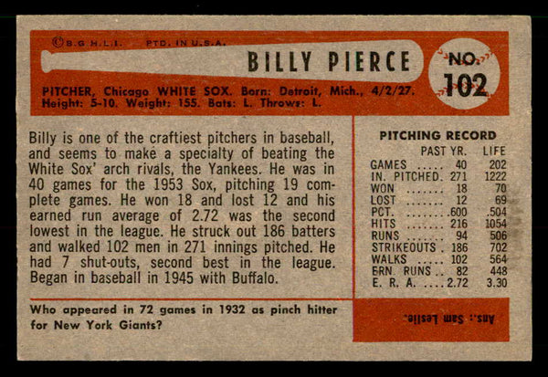 1954 Bowman Baseball #102 Billy Pierce White Sox EX-MT 557446