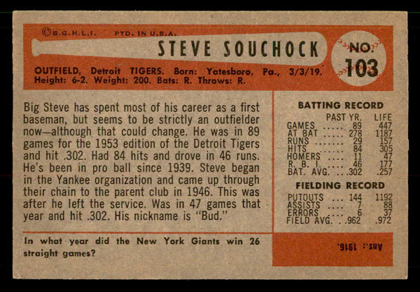 1954 Bowman Baseball #103 Steve Souchock Tigers EX-MT 557447