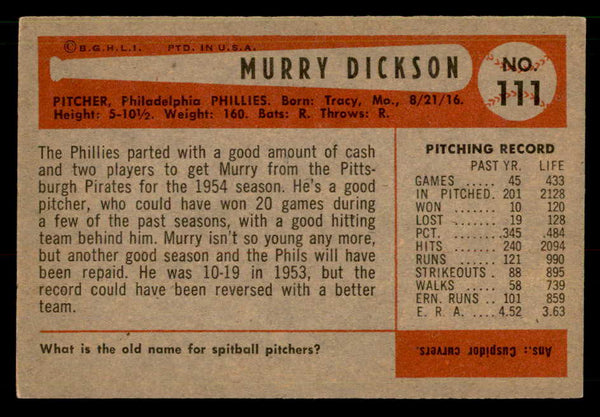 1954 Bowman Baseball #111 Murry Dickson Phillies EX-MT 557453