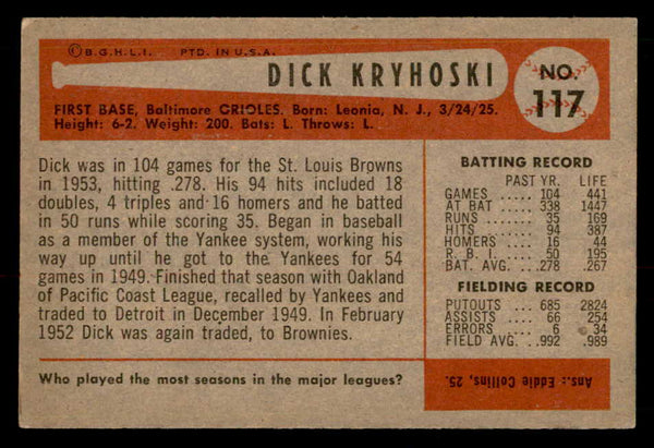 1954 Bowman Baseball #117 Dick Kryhoski Orioles EX-MT 557458