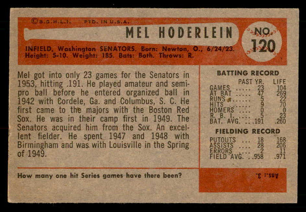 1954 Bowman Baseball #120 Mel Hoderlein Senators EX-MT 557461