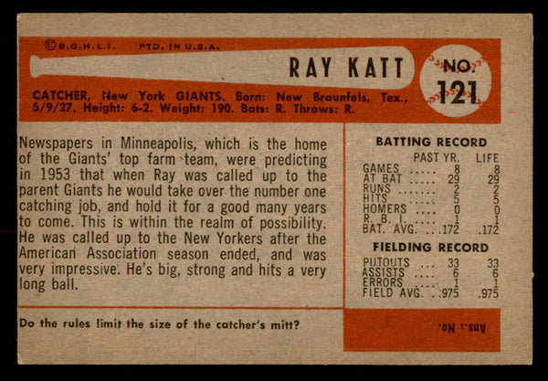 1954 Bowman Baseball #121 Ray Katt Giants EX-MT 557462