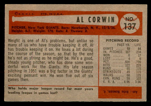1954 Bowman Baseball #137 Al Corwin Giants EX-MT 557472