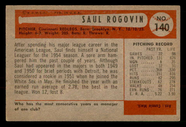 1954 Bowman Baseball #140 Saul Rogovin Reds EX 557474