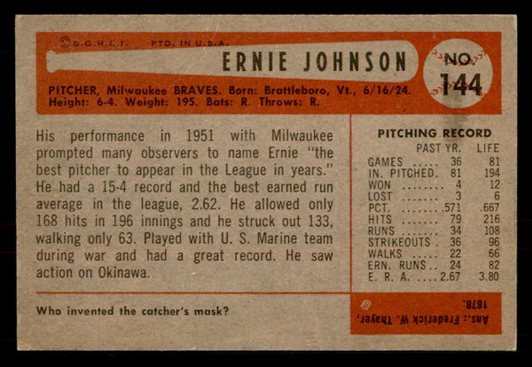 1954 Bowman Baseball #144 Ernie Johnson Braves EX-MT 557476