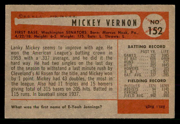 1954 Bowman Baseball #152 Mickey Vernon Senators EX-MT 557483