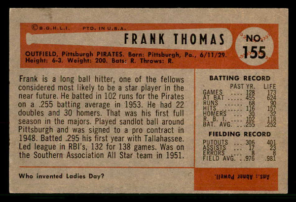 1954 Bowman Baseball #155 Frank Thomas Pirates EX-MT 557484