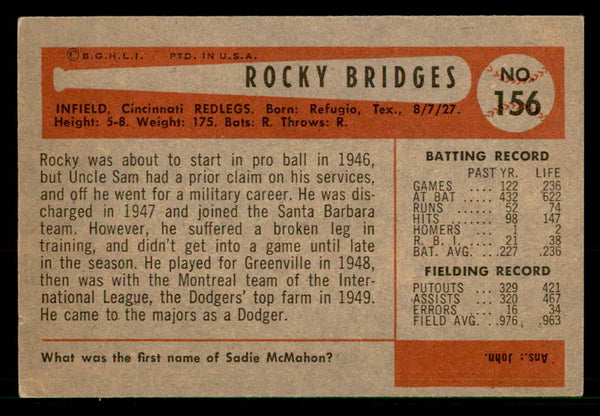 1954 Bowman Baseball #156 Rocky Bridges Reds EX-MT 557485