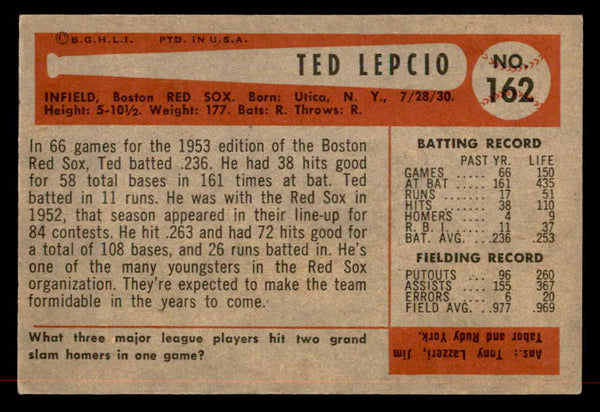 1954 Bowman Baseball #162 Ted Lepcio Red Sox EX-MT 557490