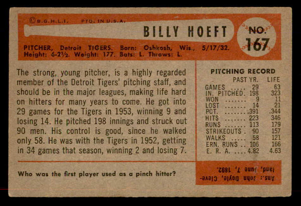 1954 Bowman Baseball #167 Billy Hoeft Tigers EX 557493