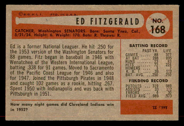 1954 Bowman Baseball #168 Ed Fitzgerald Senators EX 557494