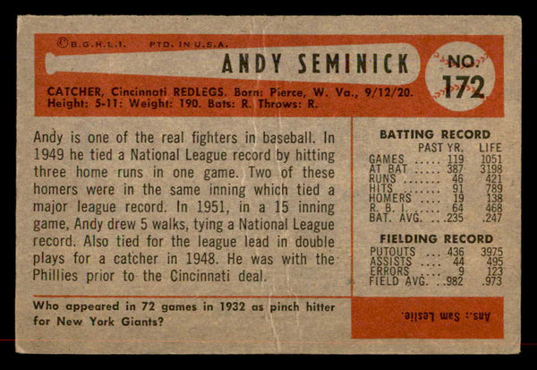 1954 Bowman Baseball #172 Andy Seminick Reds EX-MT 557497