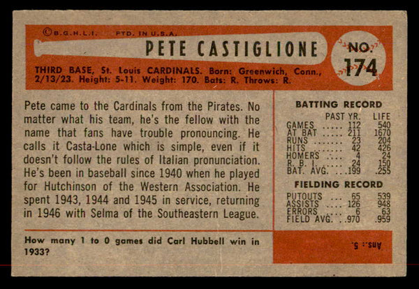1954 Bowman Baseball #174 Pete Castiglione Cardinals EX-MT 557498