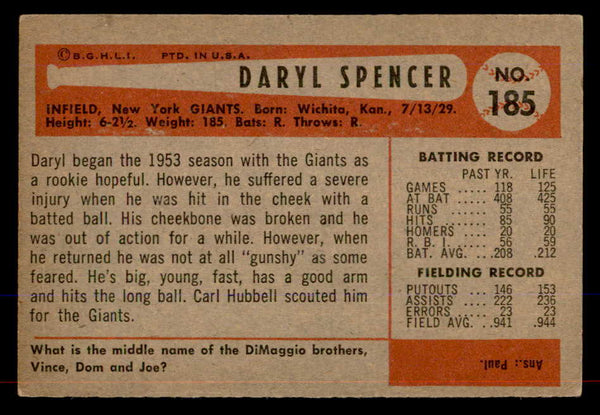 1954 Bowman Baseball #185 Daryl Spencer Giants EX-MT 557507