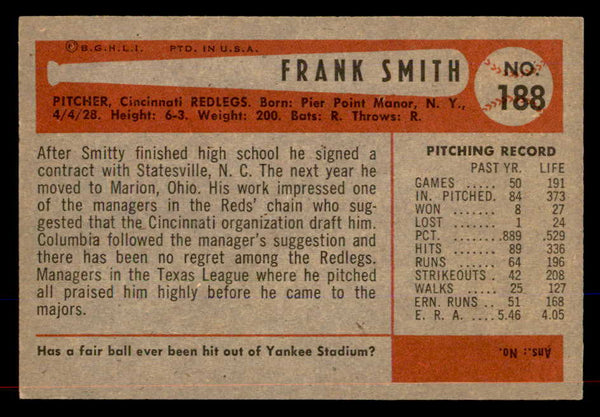 1954 Bowman Baseball #188 Frank Smith Reds EX-MT 557510