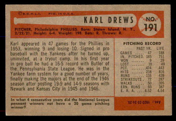 1954 Bowman Baseball #191 Karl Drews Phillies EX-MT 557511