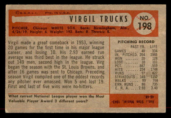 1954 Bowman Baseball #198 Virgil Trucks White Sox EX-MT 557517