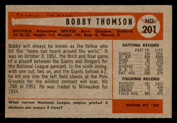1954 Bowman Baseball #201 Bobby Thomson Braves EX-MT 557519