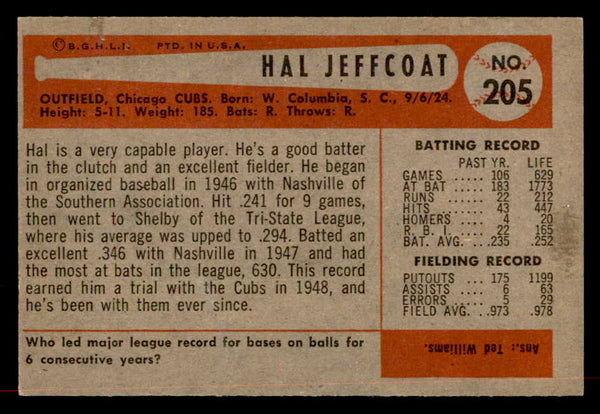 1954 Bowman Baseball #205 Hal Jeffcoat Cubs EX-MT 557522