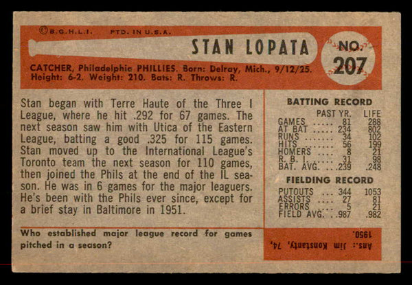 1954 Bowman Baseball #207 Stan Lopata Phillies EX-MT 557524