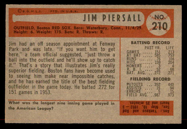 1954 Bowman Baseball #210 Jimmy Piersall Red Sox EX-MT 557527