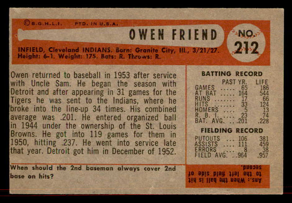1954 Bowman Baseball #212 Owen Friend Indians EX-MT 557529