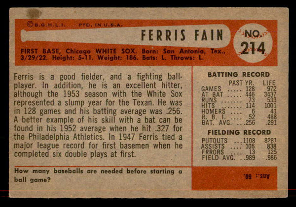 1954 Bowman Baseball #214 Ferris Fain White Sox EX-MT 557531