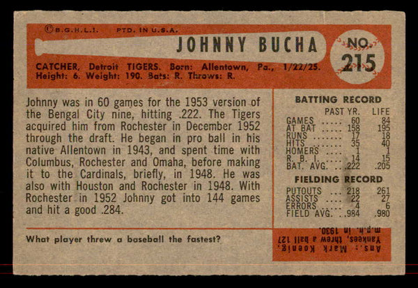 1954 Bowman Baseball #215 Johnny Bucha Tigers EX-MT 557532